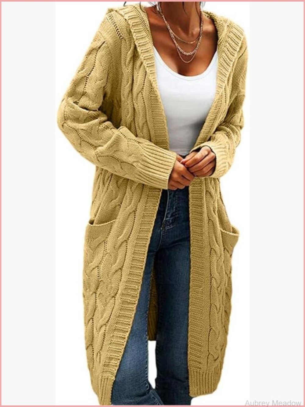 Open Front Cable Knit Long Cardigan with Pockets